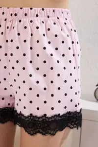 TRENDYOLMİLLA Pink 100% Cotton Polka Dot Lace Detailed OF shorts Knitting Pajama Set - Image 3