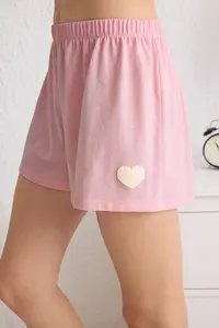 TRENDYOLMİLLA Pink Cotton Heart Patchli OF shorts Knitting Pajama Set - Image 3