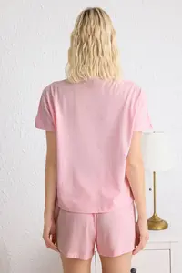 TRENDYOLMİLLA Pink Cotton Heart Patchli OF shorts Knitting Pajama Set - Image 4
