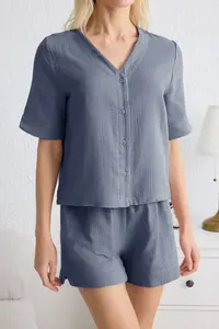 TRENDYOLMİLLA Dark Blue 100% Cotton Binding Detailed Muslin OF shorts Weaving Pajama Set - Image 4