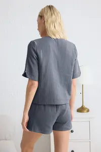 TRENDYOLMİLLA Dark Blue 100% Cotton Binding Detailed Muslin OF shorts Weaving Pajama Set - Image 6
