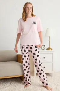 TRENDYOLMİLLA Pink 100% Cotton Kedi Patterned Knitting Pajama Set - Image 2