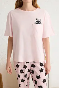 TRENDYOLMİLLA Pink 100% Cotton Kedi Patterned Knitting Pajama Set - Image 3