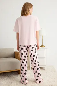 TRENDYOLMİLLA Pink 100% Cotton Kedi Patterned Knitting Pajama Set - Image 5