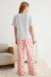 TRENDYOLMİLLA Gray Melange 100% Cotton Slogan Printed Knitting Pajama Set - Image 5