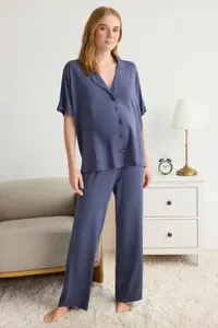 TRENDYOLMİLLA Navy Blue Rahat Pattern Viscose Knitting Pajama Set - Image 2