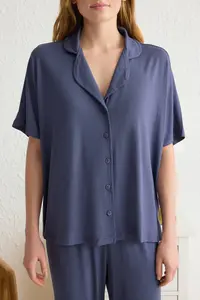 TRENDYOLMİLLA Navy Blue Rahat Pattern Viscose Knitting Pajama Set - Image 3