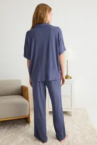 TRENDYOLMİLLA Navy Blue Rahat Pattern Viscose Knitting Pajama Set - Image 6