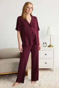 TRENDYOLMİLLA Dark Cherry Rahat Pattern Viscose Knitting Pajama Set - Image 2