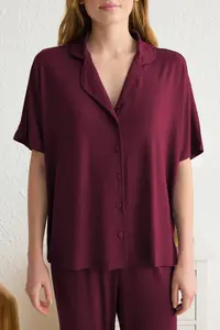 TRENDYOLMİLLA Dark Cherry Rahat Pattern Viscose Knitting Pajama Set - Image 3