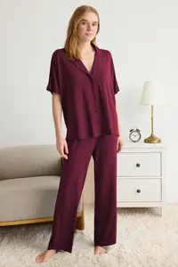 TRENDYOLMİLLA Dark Cherry Rahat Pattern Viscose Knitting Pajama Set - Image 4