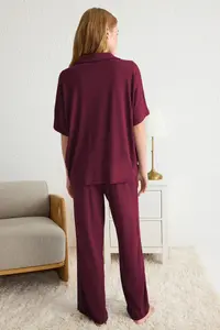 TRENDYOLMİLLA Dark Cherry Rahat Pattern Viscose Knitting Pajama Set - Image 6