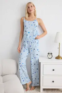 TRENDYOLMİLLA Mavi Star Patterned Rope Sleeveless Knitting Pajama Set - Image 2
