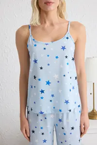 TRENDYOLMİLLA Mavi Star Patterned Rope Sleeveless Knitting Pajama Set - Image 3