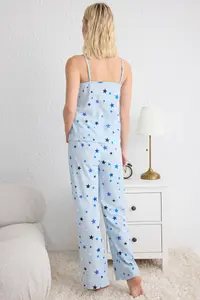 TRENDYOLMİLLA Mavi Star Patterned Rope Sleeveless Knitting Pajama Set - Image 5
