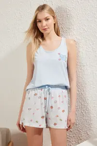 TRENDYOLMİLLA Mavi Cotton Fun Patterned Slogan OF shorts Knitting Pajama Set - Image 3