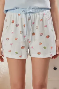 TRENDYOLMİLLA Mavi Cotton Fun Patterned Slogan OF shorts Knitting Pajama Set - Image 4