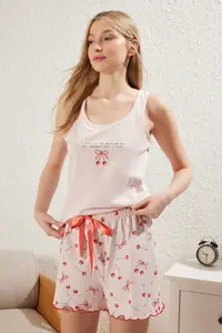 TRENDYOLMİLLA Pink 100% Cotton Cherry Patterned Ribbon/with bow OF shorts Knitting Pajama Set