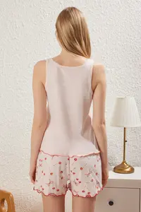 TRENDYOLMİLLA Pink 100% Cotton Cherry Patterned Ribbon/with bow OF shorts Knitting Pajama Set - Image 5