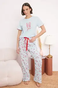 TRENDYOLMİLLA Light Blue 100% Cotton Cherry and Ribbon/Bow Patterned Knitting Pajama Set - Image 2