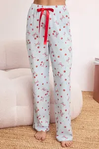 TRENDYOLMİLLA Light Blue 100% Cotton Cherry and Ribbon/Bow Patterned Knitting Pajama Set - Image 3