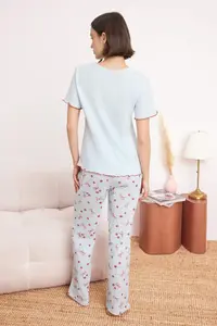 TRENDYOLMİLLA Light Blue 100% Cotton Cherry and Ribbon/Bow Patterned Knitting Pajama Set - Image 4