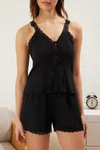 TRENDYOLMİLLA Black Lace and Button Detailed Viscose OF shorts Weaving Pajama Set - Image 3