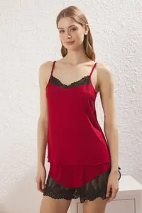TRENDYOLMİLLA Burgundy Lace Detailed Rope Sleeveless OF shorts Knitting Pajama Set - Image 2