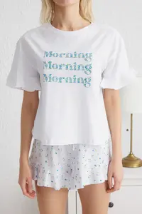 TRENDYOLMİLLA White-Multicolored 100% Cotton Floral and Slogan with flywheel OF shorts Knitting Pajama Set - Image 3