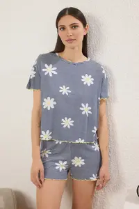 TRENDYOLMİLLA Navy Blue Floral and Striped Baby Overlock Detailed OF shorts Knitting Pajama Set - Image 2