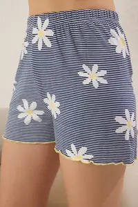 TRENDYOLMİLLA Navy Blue Floral and Striped Baby Overlock Detailed OF shorts Knitting Pajama Set - Image 3