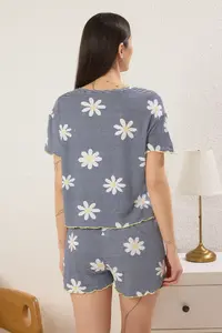 TRENDYOLMİLLA Navy Blue Floral and Striped Baby Overlock Detailed OF shorts Knitting Pajama Set - Image 4