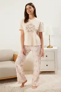 TRENDYOLMİLLA Light Powder Pink Cotton Teddy Bear Heart Knitting Pajama Set