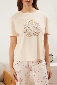 TRENDYOLMİLLA Light Powder Pink Cotton Teddy Bear Heart Knitting Pajama Set - Image 3