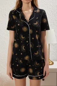 TRENDYOLMİLLA Black 100% Cotton Galaxy Patterned Piped OF shorts Knitting Pajama Set - Image 3