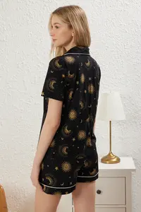 TRENDYOLMİLLA Black 100% Cotton Galaxy Patterned Piped OF shorts Knitting Pajama Set - Image 5