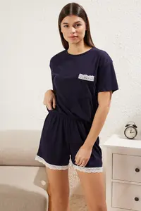 TRENDYOLMİLLA Navy Blue Lace Detailed Ribbed OF shorts Knitting Pajama Set - Image 2