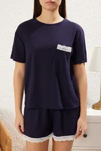 TRENDYOLMİLLA Navy Blue Lace Detailed Ribbed OF shorts Knitting Pajama Set - Image 3