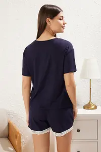 TRENDYOLMİLLA Navy Blue Lace Detailed Ribbed OF shorts Knitting Pajama Set - Image 5