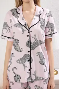 TRENDYOLMİLLA Pink 100% Cotton Kaplan Patterned Piped OF shorts Knitting Pajama Set - Image 3