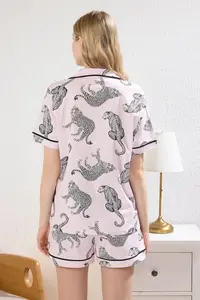 TRENDYOLMİLLA Pink 100% Cotton Kaplan Patterned Piped OF shorts Knitting Pajama Set - Image 5