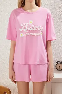 TRENDYOLMİLLA Pink 100% Cotton Slogan OF shorts Knitting Pajama Set - Image 3