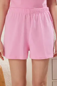 TRENDYOLMİLLA Pink 100% Cotton Slogan OF shorts Knitting Pajama Set - Image 4