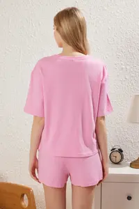 TRENDYOLMİLLA Pink 100% Cotton Slogan OF shorts Knitting Pajama Set - Image 5