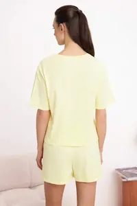 TRENDYOLMİLLA Yellow 100% Cotton Slogan OF shorts Knitting Pajama Set - Image 4