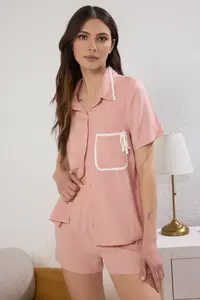 TRENDYOLMİLLA Pink Pocket & Collar Piped Viscose Shirt OF shorts Weaving Pajama Set