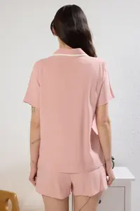 TRENDYOLMİLLA Pink Pocket & Collar Piped Viscose Shirt OF shorts Weaving Pajama Set - Image 4