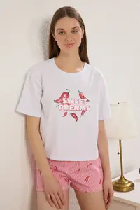 TRENDYOLMİLLA White 100% Cotton Striped Biber Patterned OF shorts Knitting Pajama Set - Image 3