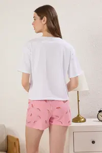 TRENDYOLMİLLA White 100% Cotton Striped Biber Patterned OF shorts Knitting Pajama Set - Image 5