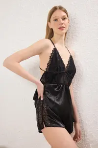 TRENDYOLMİLLA Black Lace and Back Detailed Rope Sleeveless Satin OF shorts Weaving Pajama Set - Image 3